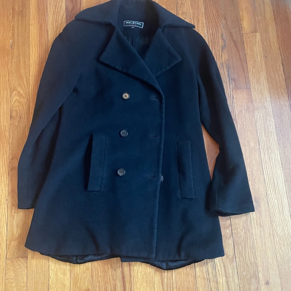 Vintage Halston "Red" Size 4 Wool-Cashmere blend Black Peacoat